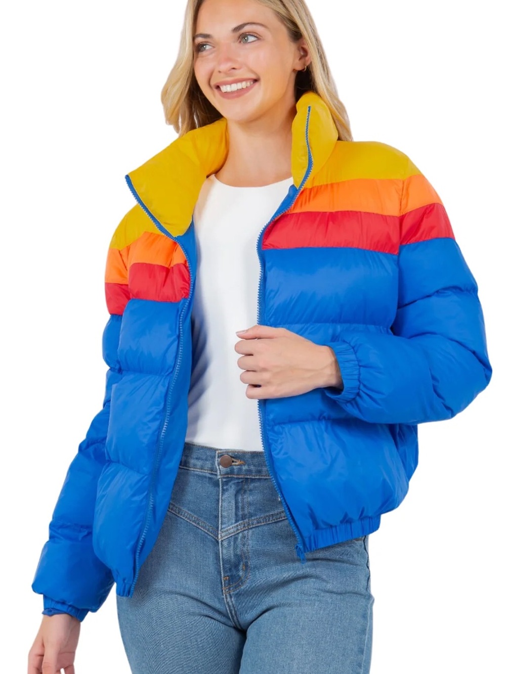 TCEC Blue Colorblock Puffer Jacket with Yellow, Orange & Red Accents